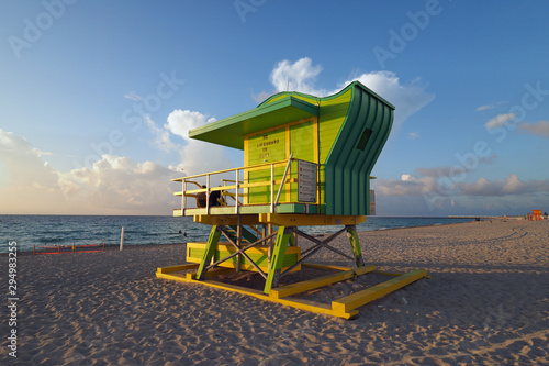 Miami Beach, Florida - July 8, 2017: Colorful lifeguard station on South Beach at sunrise.