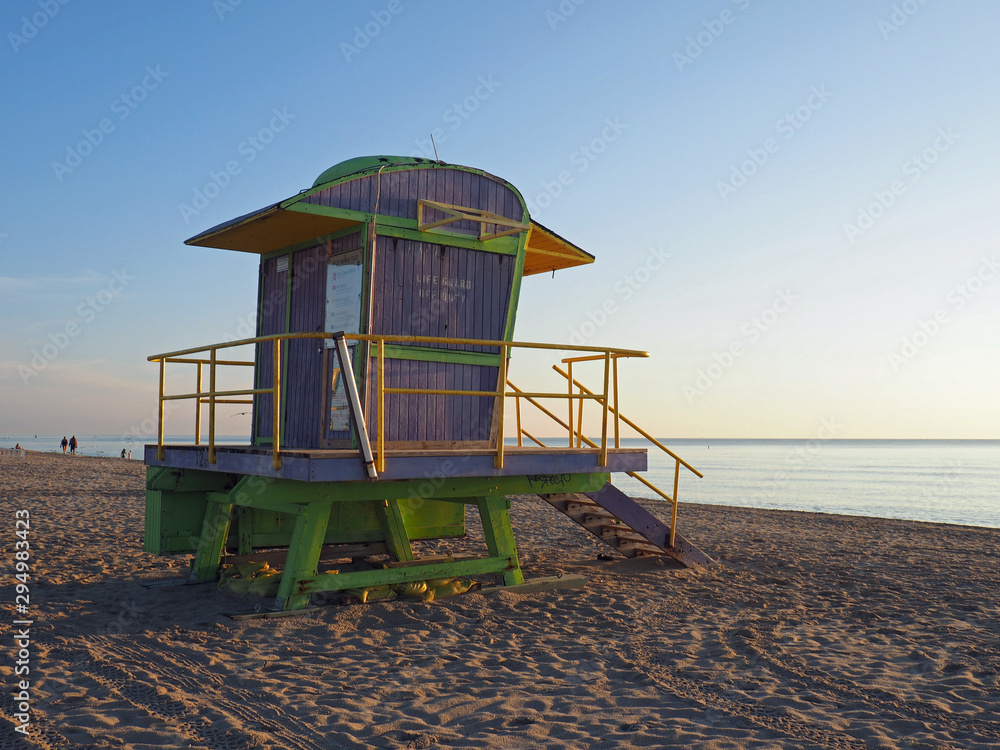 Miami Beach, Florida - )ctober 4, 2014: Colorful lifeguard station on South Beach at sunrise.