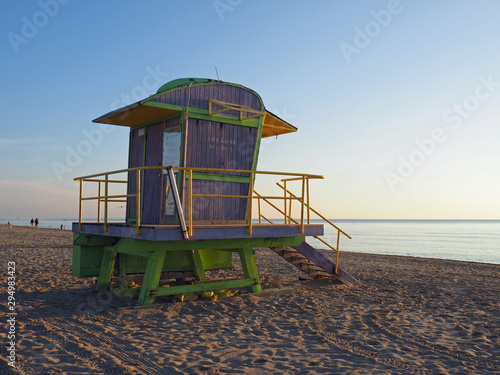 Miami Beach, Florida - )ctober 4, 2014: Colorful lifeguard station on South Beach at sunrise.