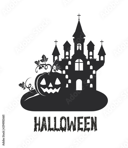 halloween dark castle with pumpkin scene icon