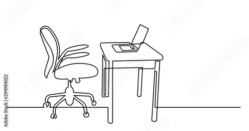 continuous line drawing of office desk with computer laptop and chair