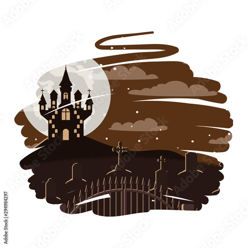 halloween dark castle in cemetery scene icon