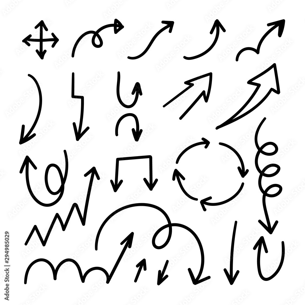 Arrows hand drawn doodle vector set. Sketch arrow design for application, banner, print screen, pen marks, map and typography design guide line. Arrows hand drawn doodle vector set. Sketch arrow design for application, banner, print screen, pen marks, map and typography design guide line.