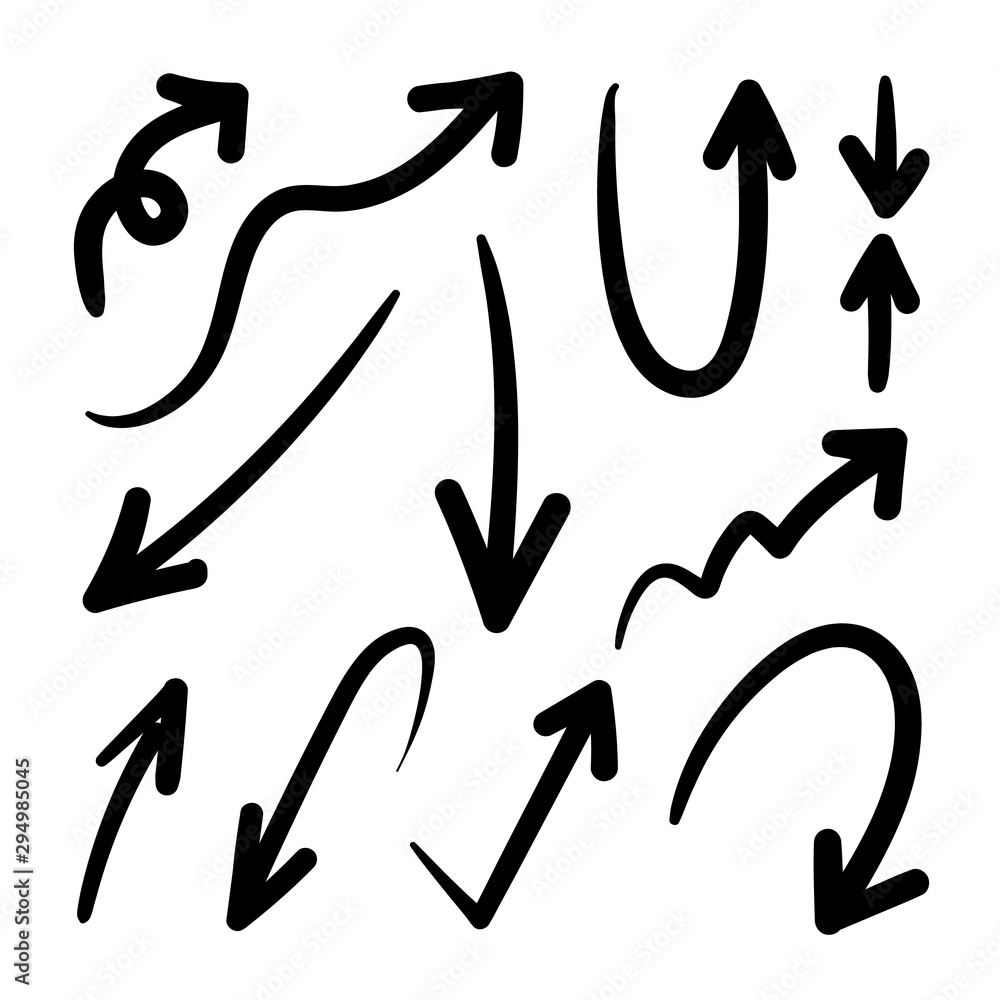 Arrows hand drawn doodle vector set. Sketch arrow design for application, banner, print screen, pen marks, map and typography design guide line. Arrows hand drawn doodle vector set. Sketch arrow design for application, banner, print screen, pen marks, map and typography design guide line.