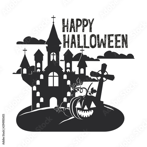 halloween dark castle in cemetery scene icon