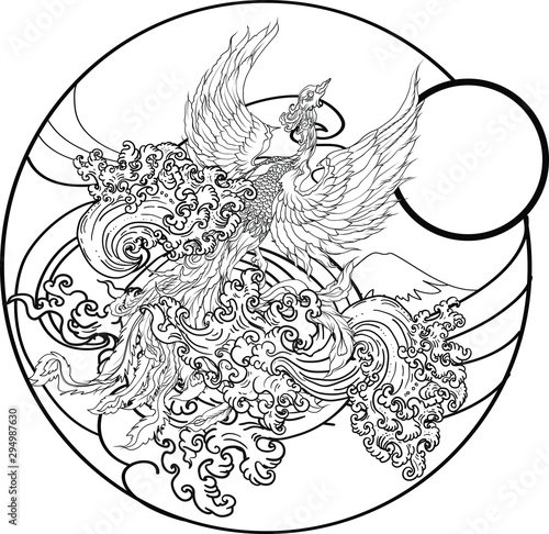 Japanese peacock tattoo.Asian Phoenix fire bird tattoo design.Colorful Phoenix fire bird colouring book illustration.Hand drawn Japanese tattoo style.
