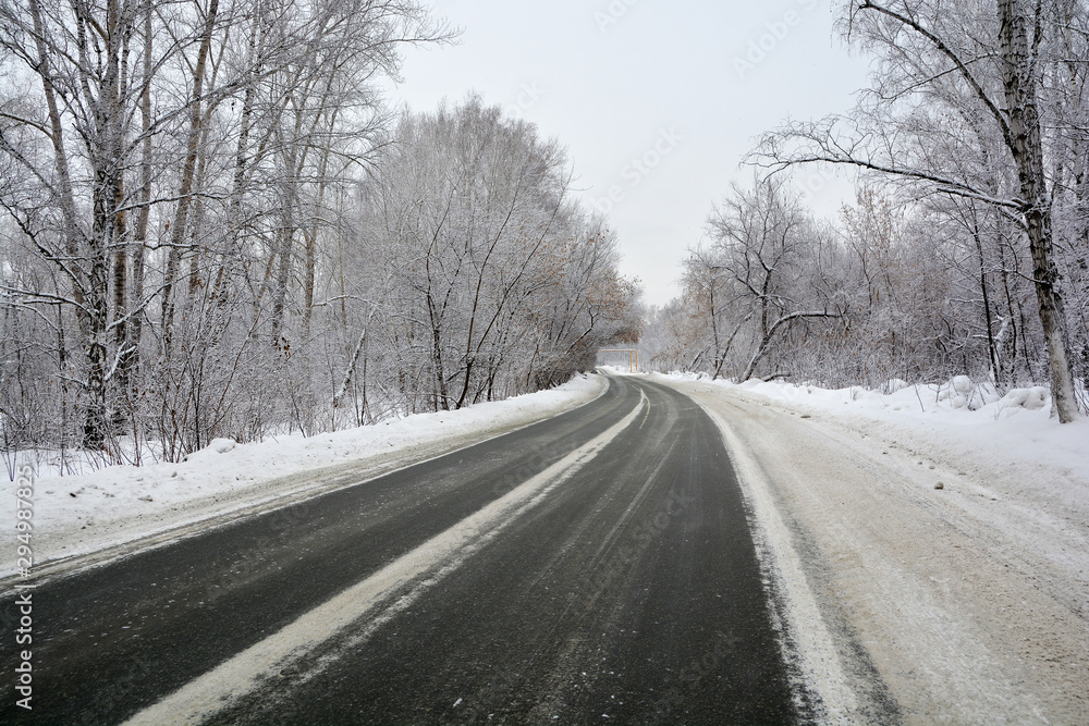 Snowy winter road in pine and birch forest.The Northern part of Russia Snowy winter road in pine and birch forest.The Northern part of Russia