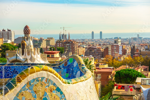 Panoramic view of Park Guell in Barcelona, Catalunya Spain.