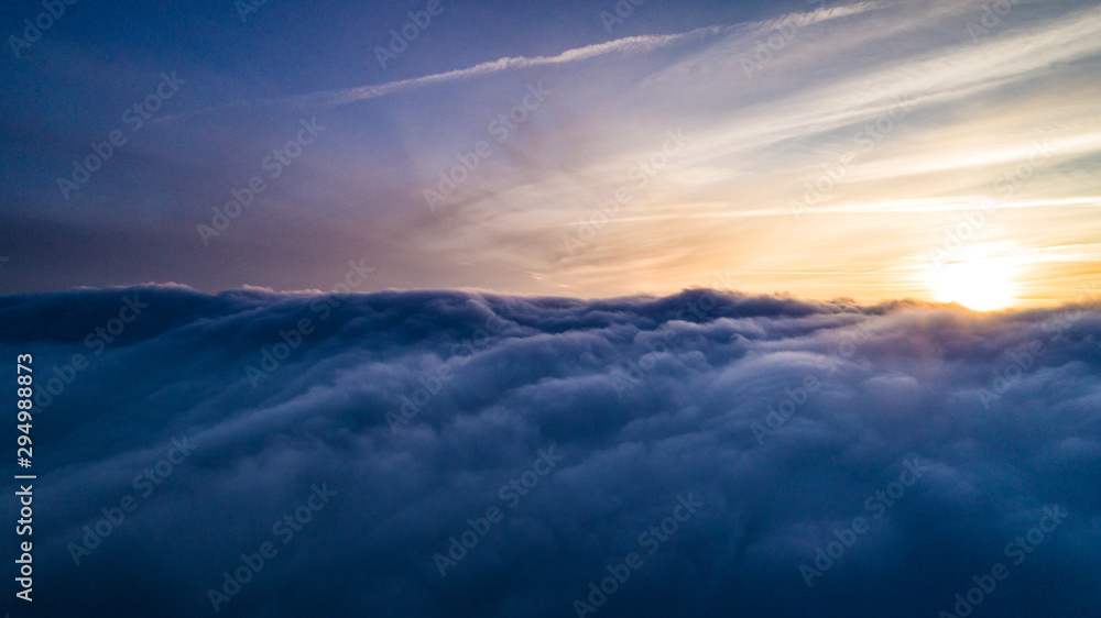 Aerial sunny view Mystical gray winter clouds