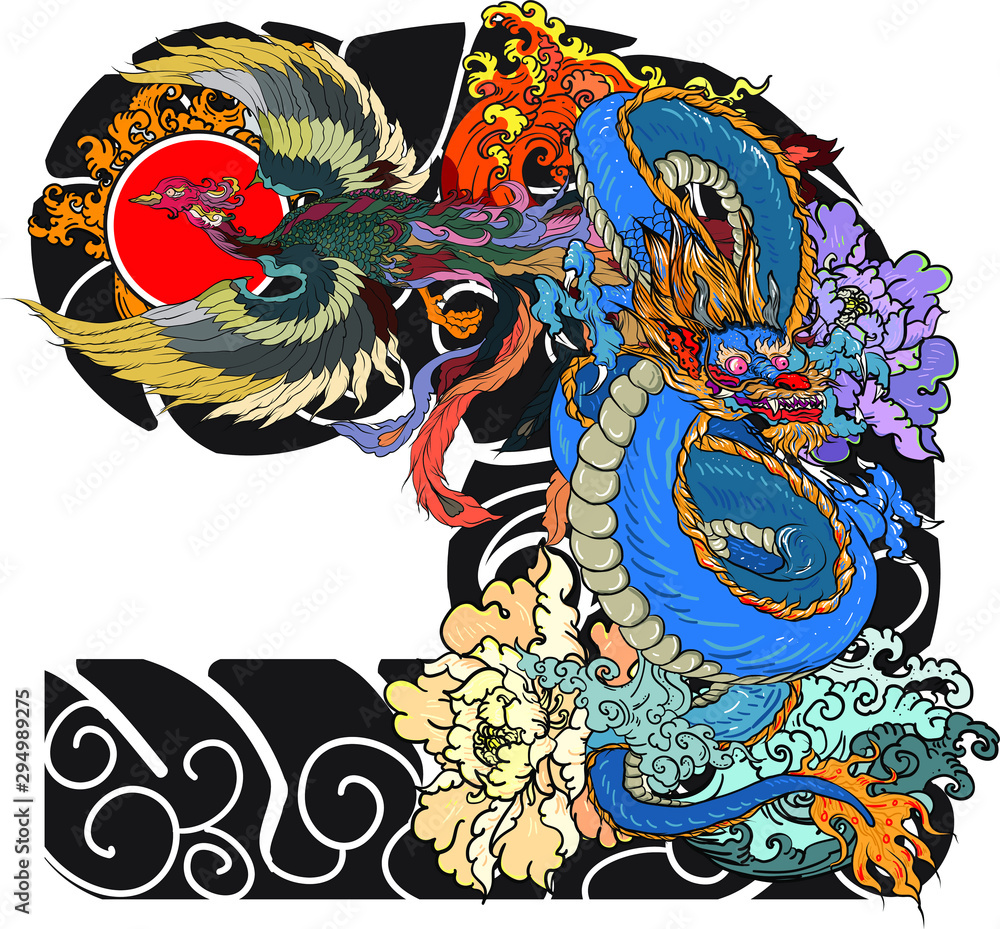 Japanese Tattoo design full back  Dragon and Phoenix fire bird with  Peach juice and peony flower,cherry blossom,peach blossom on cloud   Fire bird with Old Dragon vector. Stock Vector | Adobe