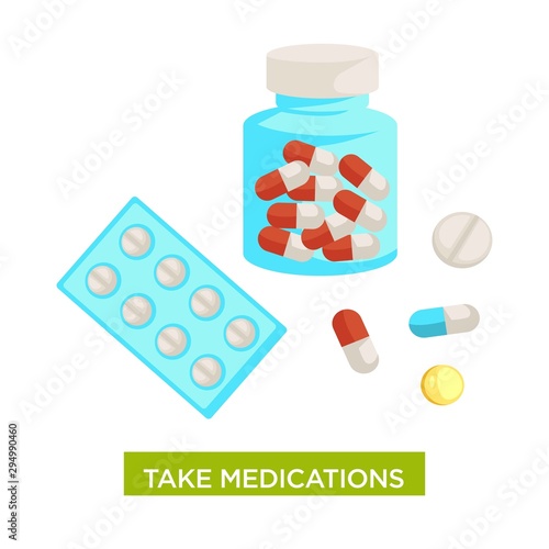 Take medications themed vector with bottle full of capsules and pills in blisters close up