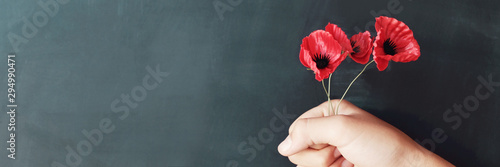 Принти на полотні Hand holding red poppy flowers, remembrance day,  Veterans day, lest we forget c