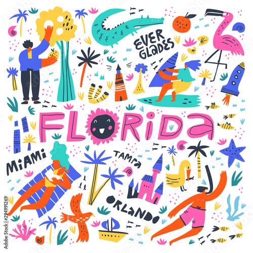 Florida beach summer rest flat vector illustration. State and town names handwritten lettering. Holiday vacation entertainments, recreation. Holidaymakers cartoon characters. Summertime rest concept