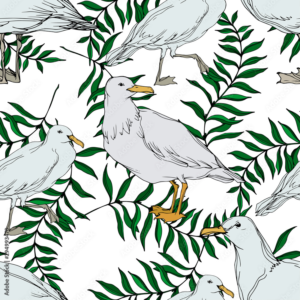 Vector Sky bird seagull in a wildlife. Black and white engraved ink art. Seamless background pattern.