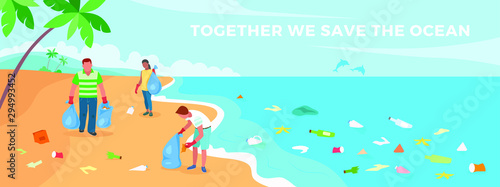 Illustration of volunteers who clean sandy shore and ocean and save nature, dolphins. Save the ocean. Vector flat illustration. Ecological lifestyle.