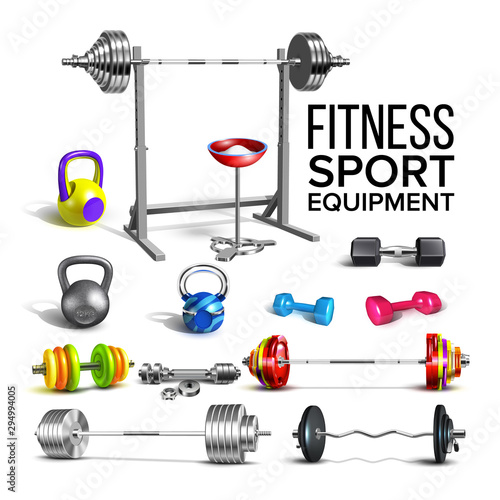 Barbells, Kettlebells And Dumbbells Set Vector. Collection Of Different Barbells Fitness Sport Equipment For Strong Muscles And Slim Figure. Gym Powerlifting Tools Template Realistic 3d Illustrations