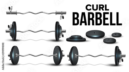Curl Barbell Lifting Collapsible Kit Set Vector. Chrome Steel Barbell, Black Weights Plates Bodybuilder Sport Equipment Details For Strong Muscles. Powerlifting Mockup Realistic 3d Illustrations