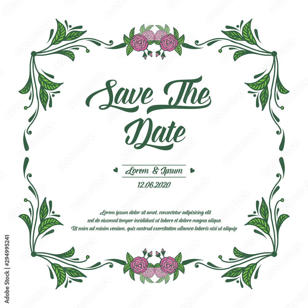 Wedding invitation save the date card, with ornament of pink rose flower frame. Vector