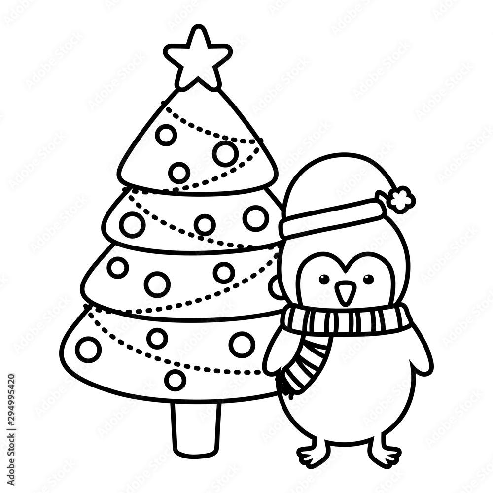 penguin and tree with balls star decoration merry christmas line style penguin and tree with balls star decoration merry christmas line style