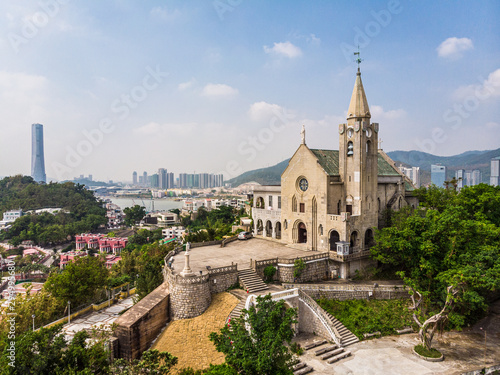 Aerial view of the exterior of the Penha church dating from the Portuguese colonial era in Macau, China SAR on a sunny day