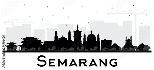 Semarang Indonesia City Skyline Silhouette with Black Buildings Isolated on White.