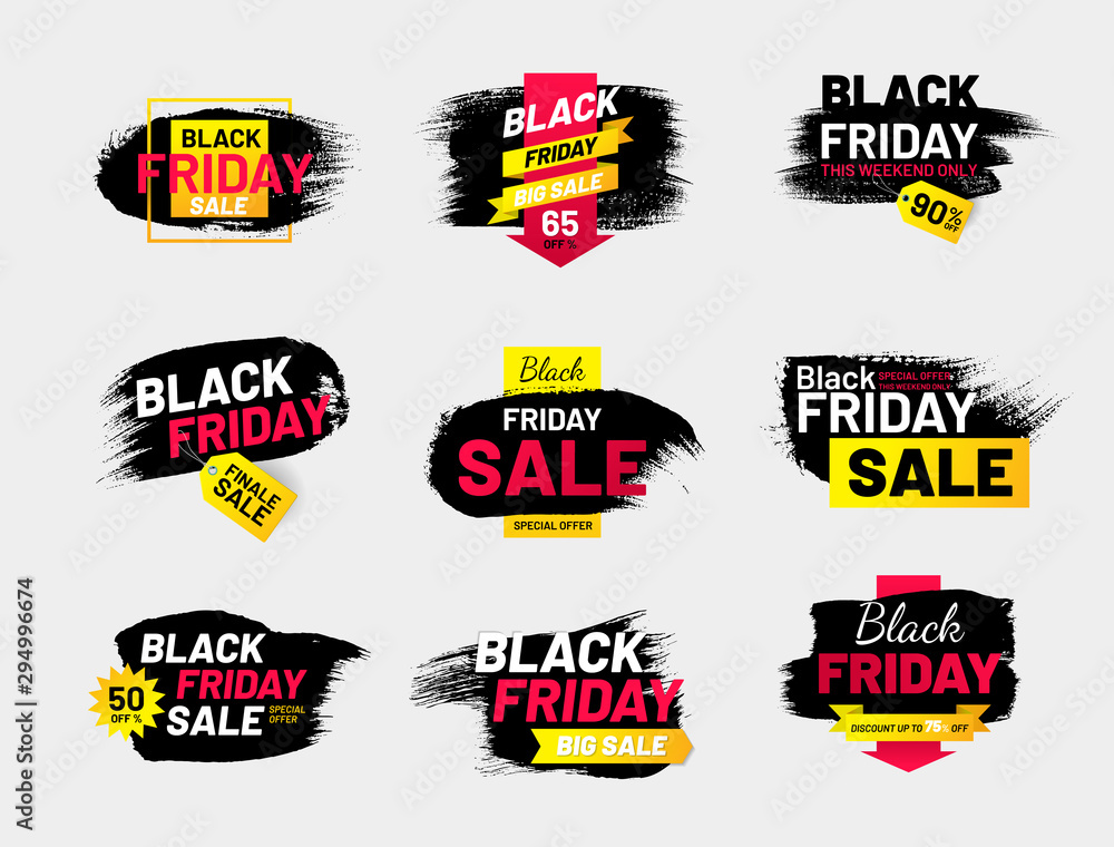 Black Friday sale labels set in shape of paintbrush stroke. Best offer and clearance sale tags. Modern design isolated on white background. Event advertising message. Promotion and marketing campaign.