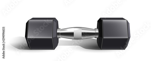 Dumbbell Sportive Heavy Metal Equipment Vector. Stylish Black Weights And Chrome Handle Metallic Training Gym Tool Dumbbell For Strong Biceps Muscle. Layout Realistic 3d Illustration