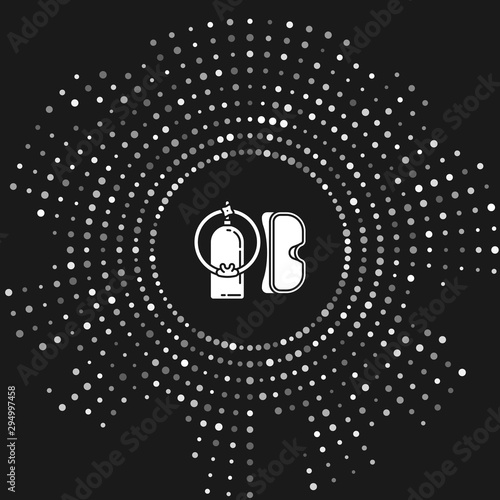 White Diving mask and aqualung icon isolated on grey background. Oxygen tank for diver. Extreme sport. Sport equipment. Abstract circle random dots. Vector Illustration