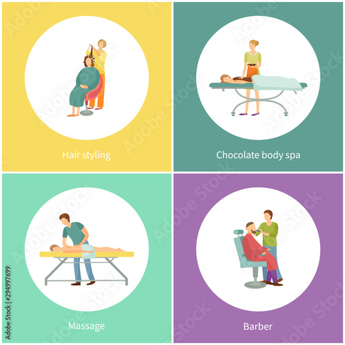Hair styling and chocolate body spa, set for clients vector. Hairdresser and woman, massage of persons back, barber for men, beard care treatment