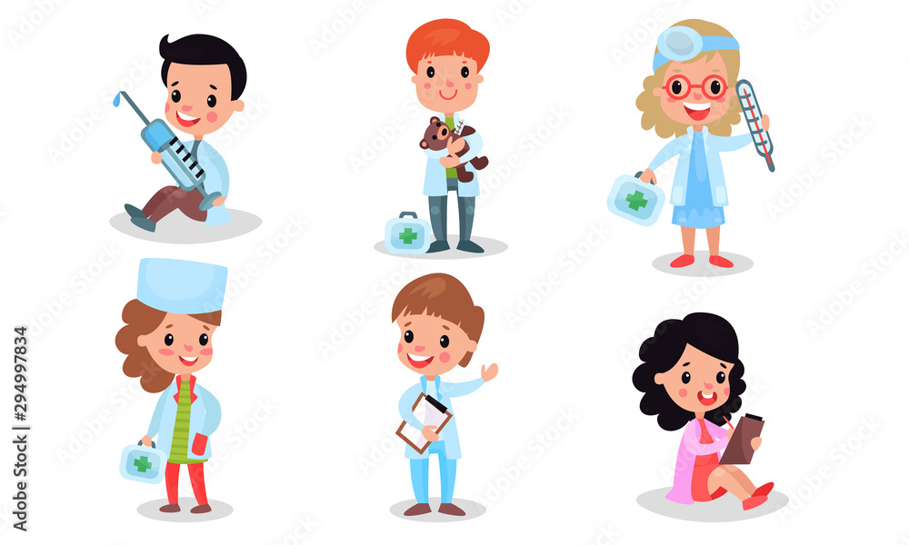 Kids In Costumes With Green Cross Depicting Different Medical Professions In Vector Illustration Set Isolated On White Background Kids In Costumes With Green Cross Depicting Different Medical Professions In Vector Illustration Set Isolated On White Background