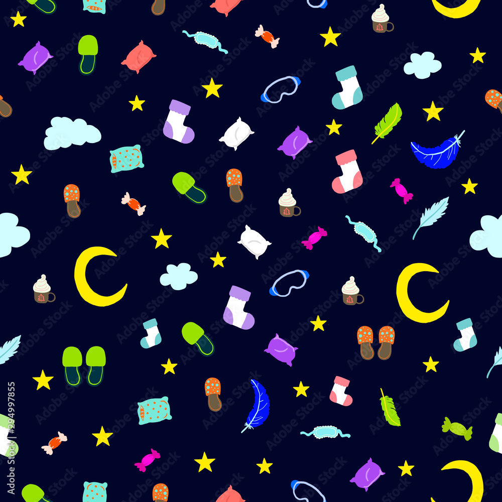 Obraz premium seamless pattern for pajama party. Vector colorful elements for good sleep on black background. 