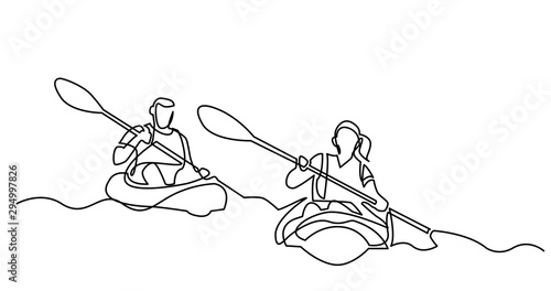 continuous line drawing of happy couple kayaking on lake