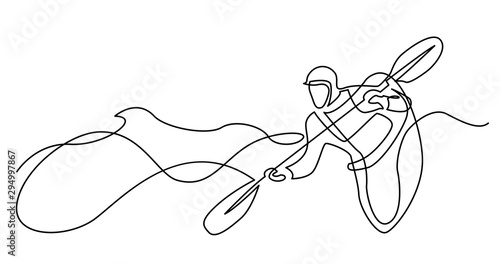 continuous line drawing of kayaker doing extreme rafting on rough waters