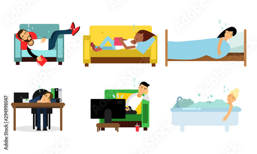 People Sleeping In Different Places. On The Beds, In The Bathroom, At The Working Desk, In The Armchair In Front Of The TV Vector Illustration Set