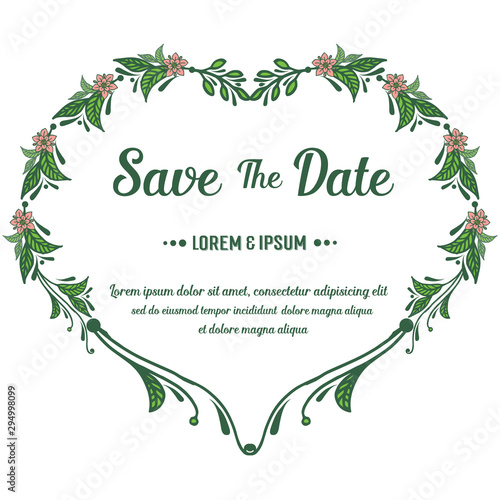 Save the date, wedding invitation card template, with wallpaper of green leaf flower frame. Vector © StockFloral