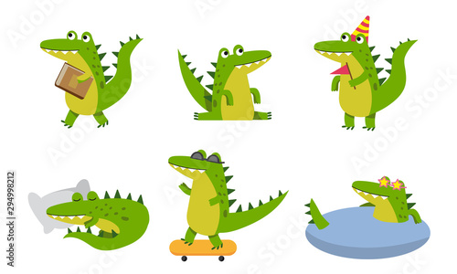 Fotografia Green Crocodiles With Different Emotions In Various Poses Vector Illustrations C