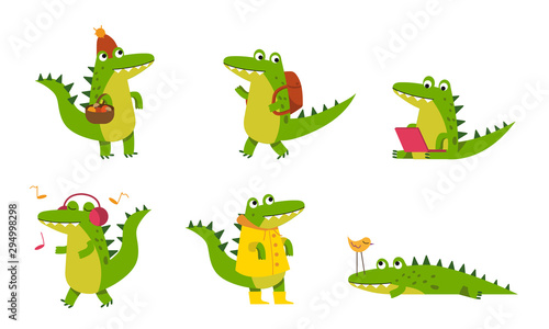 Fotografia Green Alligarots With Different Emotions In Various Poses Vector Illustrations C