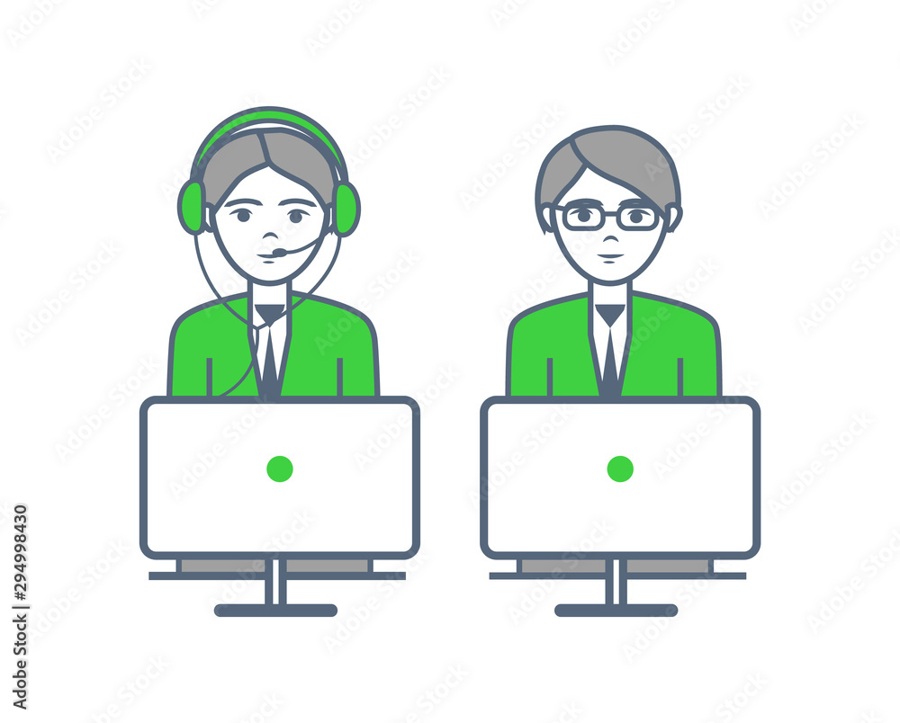 Consultants man and woman consulting people on support non stop hotline isolated icons on white. People in headsets working at computers at helpline