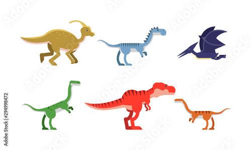 Ancient Dinosaurus Of Different Kind And Color Vector Illustrations Set Cartoon Character