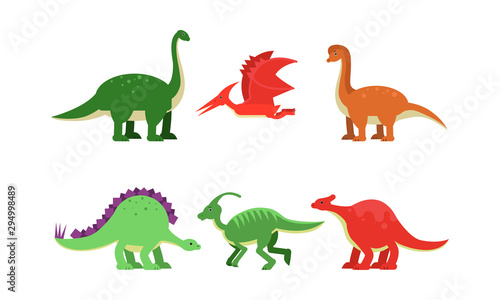Fototapeta Naklejka Na Ścianę i Meble -  Enormous Big Dinosaurus Of Different Kind And Color Vector Illustrations Set Cartoon Character