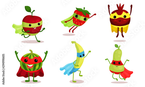 Cute Animated Fruits In Superhero Cloaks Cartoon Character Vector Illustration