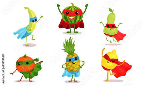 Cute Animated Fruits In Superhero Cloaks And Different Poses Cartoon Character Vector Illustration