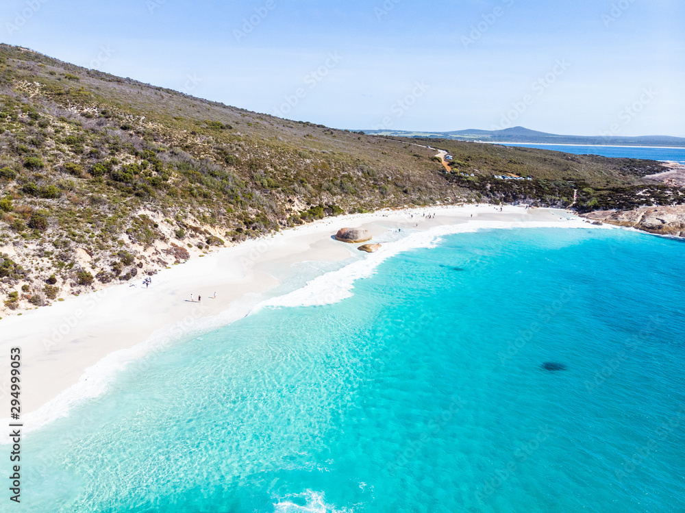 Aerial drone perspective of Little Beach, Albany, Western Australia. This paradise is found in southern Australia with large waves and giant boulders