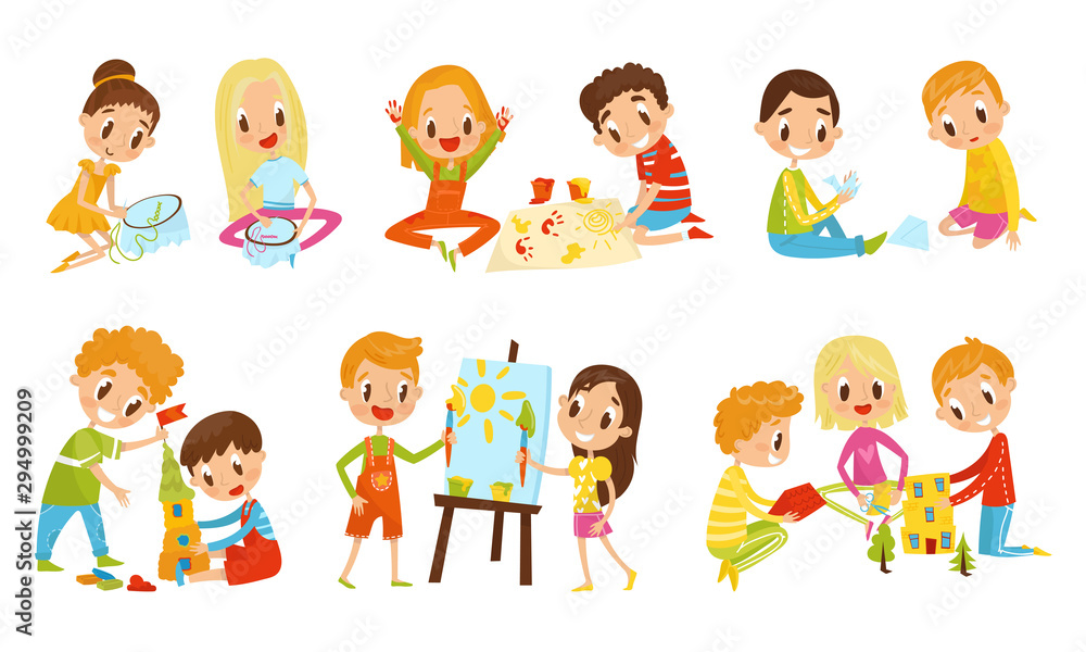 Small Kids Doing Different Things Together Vector Illustration Small Kids Doing Different Things Together Vector Illustration