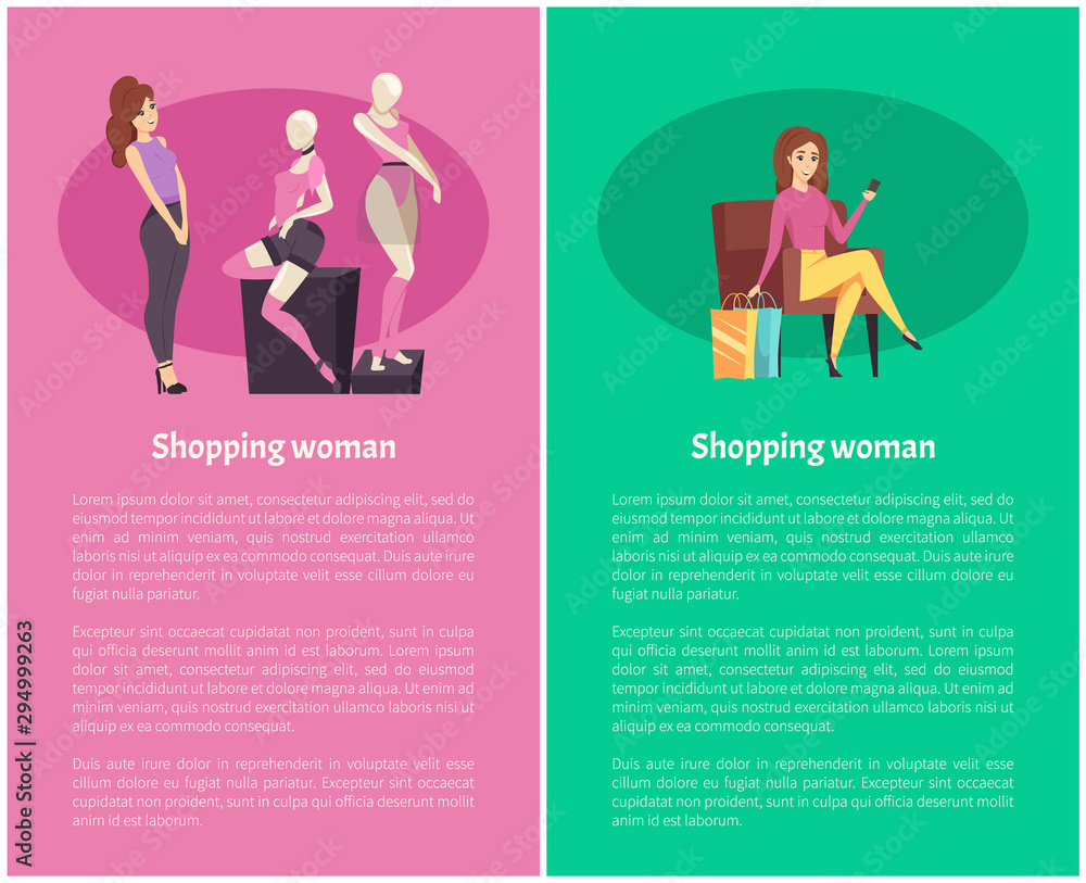 Shopping woman female admiring fashionable brand clothes placed on mannequins showcase vector. Woman resting on chair, holding phone and bags nearby