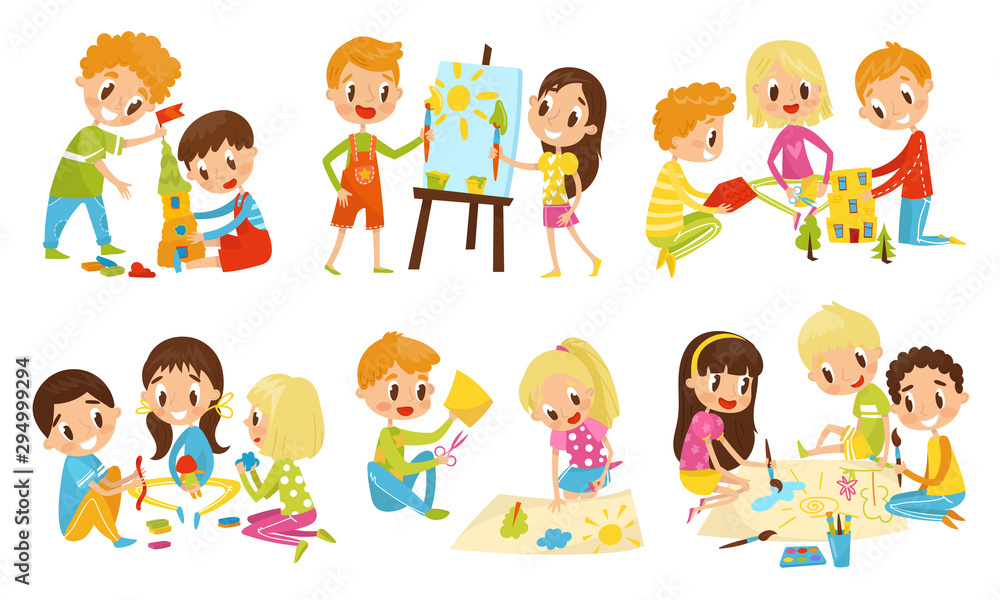 Small Kids Doing Different Things Together Vector Illustration
