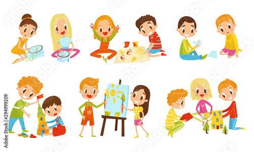 Small Kids Doing Different Things Together Vector Illustration