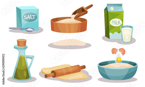 Baking Ingredients In Cartoon Style. Set Of Vector Food Icons.