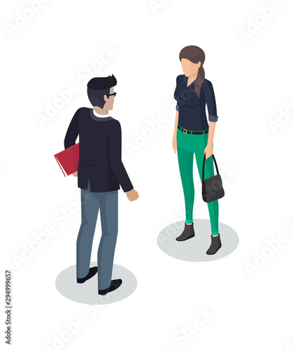 Businessman and woman business meeting of people. 3D isometric backside view of person with files and lady holding bag handbag isolated on vector