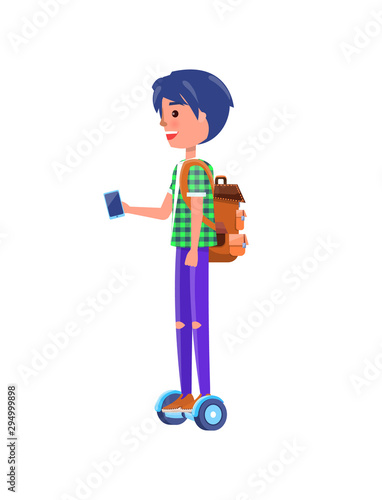Boy riding on gyroboard personal transporter with smartphone side view. Autonomous two-wheeled self-balancing transport, gyroscooter and teenager